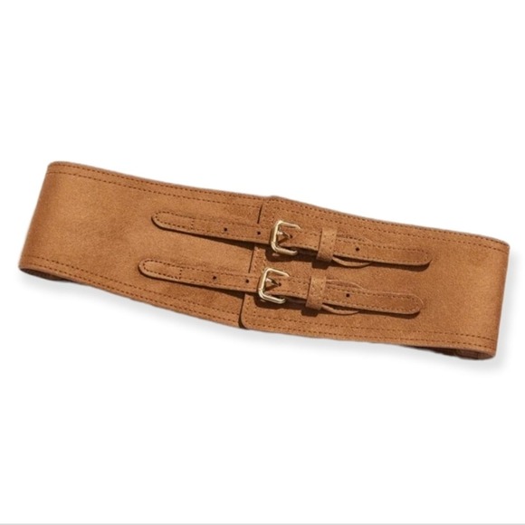 Western Wide faux suede leather waist belt double buckle Boho Brown corset - Picture 7 of 11